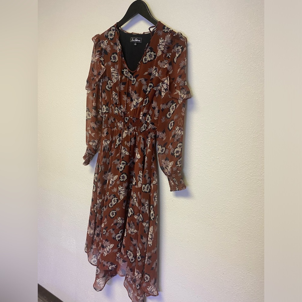 Sam Edelman Rust Floral V Neck Long Sleeve Dress
